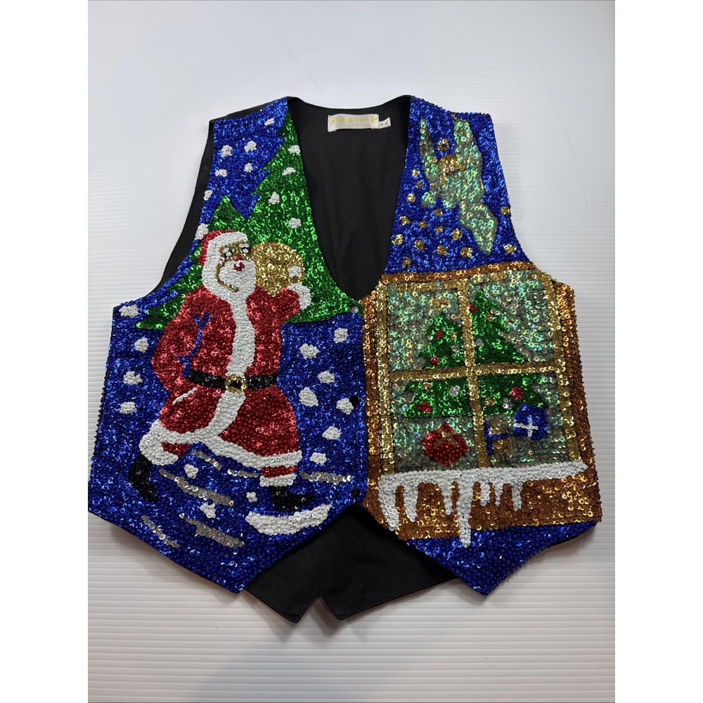 Vintage S.A.V.V.Y Heavily Sequined Christmas Vest Santa Claus/Angel Size L 36